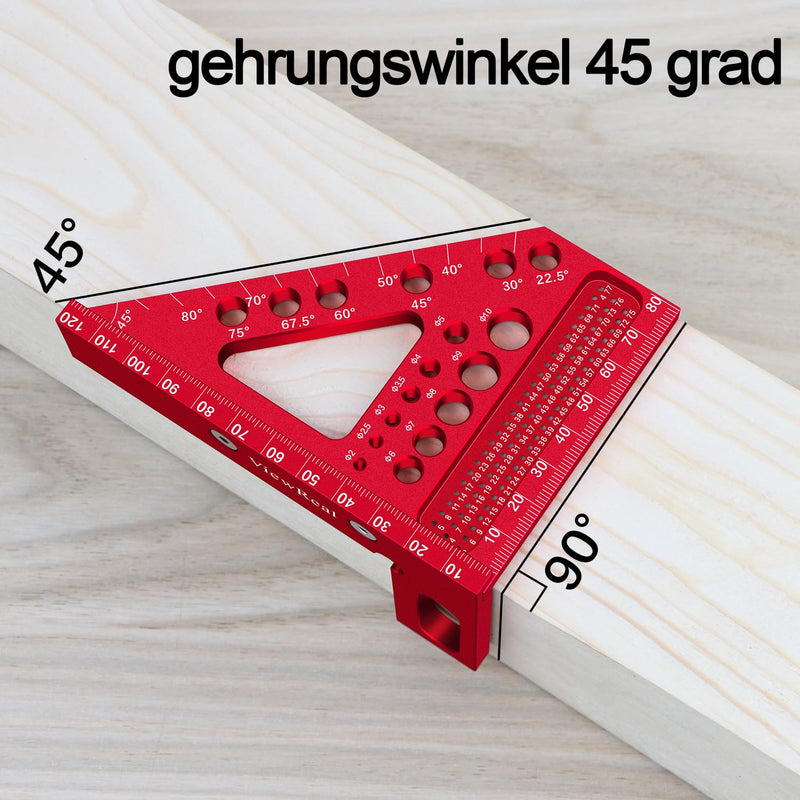 [Australia - AusPower] - 3D Mitre Square Multifunctional 22.5-90 Angle Measure Aluminium Alloy High Precision Layout Measuring Tool Scribing Tool Woodworking Measuring Tools for Carpenters, Engineers Red 