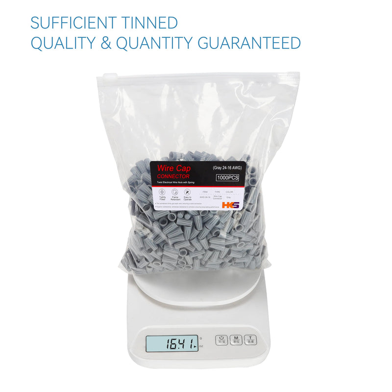 [Australia - AusPower] - HKS 1000 PCS Gray Wire Caps - AWG 24-16,Twist-On Screw Nuts Insulated Insertion Electrical Wire Connectors with Spring - Portable & Quick to Connect Grey 