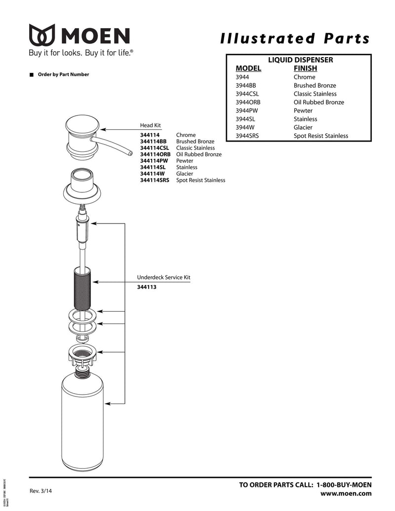 Moen 3944 Deck Mounted Kitchen Soap Dispenser with Above the Sink Refillable Bottle, Chrome