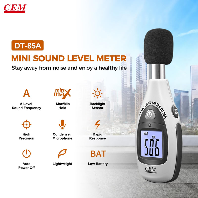 [Australia - AusPower] - Decibel Meter, CEM Digital Sound Level Meter 30 – 130 dB,31.5-8KHz,Audio Noise Measure Device Backlight MAX/MIN, Data Hold Auto Power Off Dual Ranges A Weighted for Home Factories DT-85A db Meter 