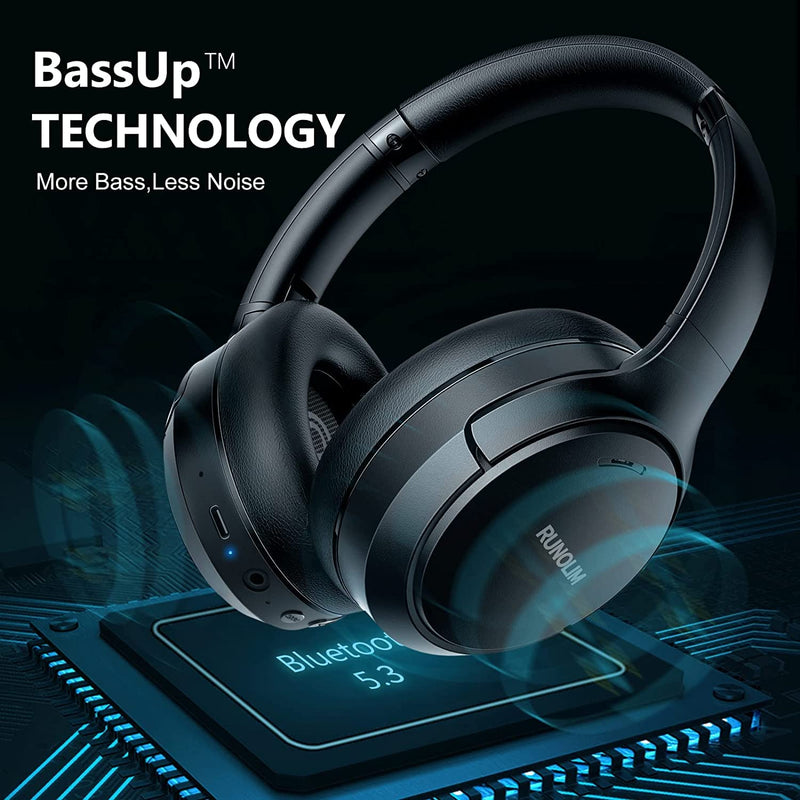 [Australia - AusPower] - RUNOLIM Hybrid Active Noise Cancelling Headphones, Wireless Over Ear Bluetooth Headphones with Microphone, 70H Playtime, Foldable Headphones with HiFi Audio, Deep Bass for Home Travel Office Black 
