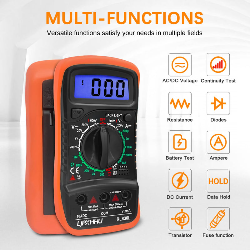 [Australia - AusPower] - Digital Multimeter Voltmeter Battery Voltage Multi Tester Continuity Ohm Volt Amp DC AC Current Resistance Diodes 2000 Counts Electrical Test Meter with Leads Backlight LCD Display Compact 