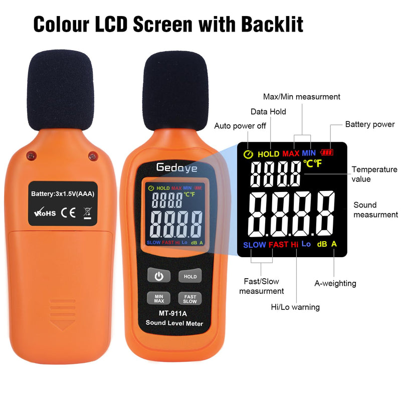 [Australia - AusPower] - Noise Decibel Meter, Gedaye Sound Level Meter, Range 35-135dBA, SPL Meter with A Weighted, Data Hold MAX/MIN Fast/Slow, for Classroom Workshop dB Reader Monitor Audio Measure Device Sound Detector Orange MT911 