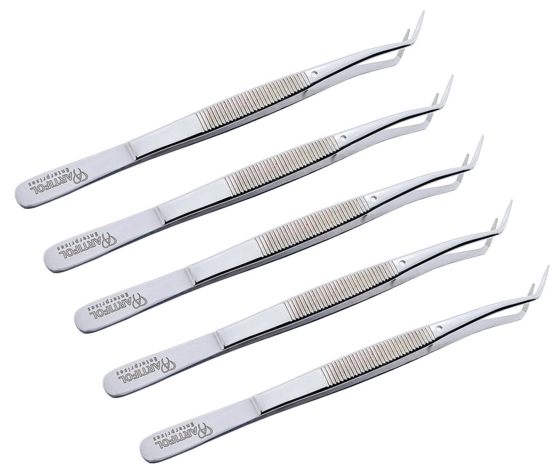 [Australia - AusPower] - Dental Marriiam Tweezers – 5 Pcs Set, 15cm Angled Serrated Tips, Polished Stainless Steel Curved Forceps – Multipurpose Dental Tools for Denture & Teeth Cleaning, Oral Care Instruments #114500021-1 