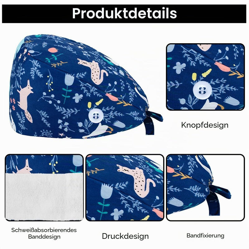 Pack of 2 Surgical Caps, Women's Adjustable with Button, Work Cap, Cotton Print, Sick Nurse Cap, Unisex Dust Caps (Animal Style)