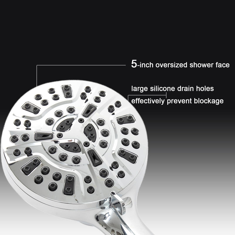 High Pressure Shower Head with Magnetic Back Fixed Base Design,Handheld Showerhead with Hose Set Stainless Steel 59 inches/5 ft 10-Setting 5 inches Large Face,Chrome Finish (Silver) Silver