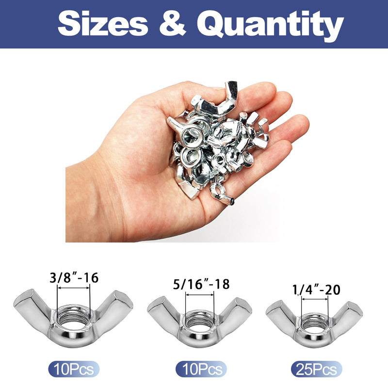 [Australia - AusPower] - MroMax 45Pcs Wing Nuts Assorted Kit 1/4"-20, 5/16"-18, 3/8"-16 Standard SAE Steel Zinc Plated Butterfly Wing Nuts Fasteners Hand Twist Tighten Ear Wingnuts 