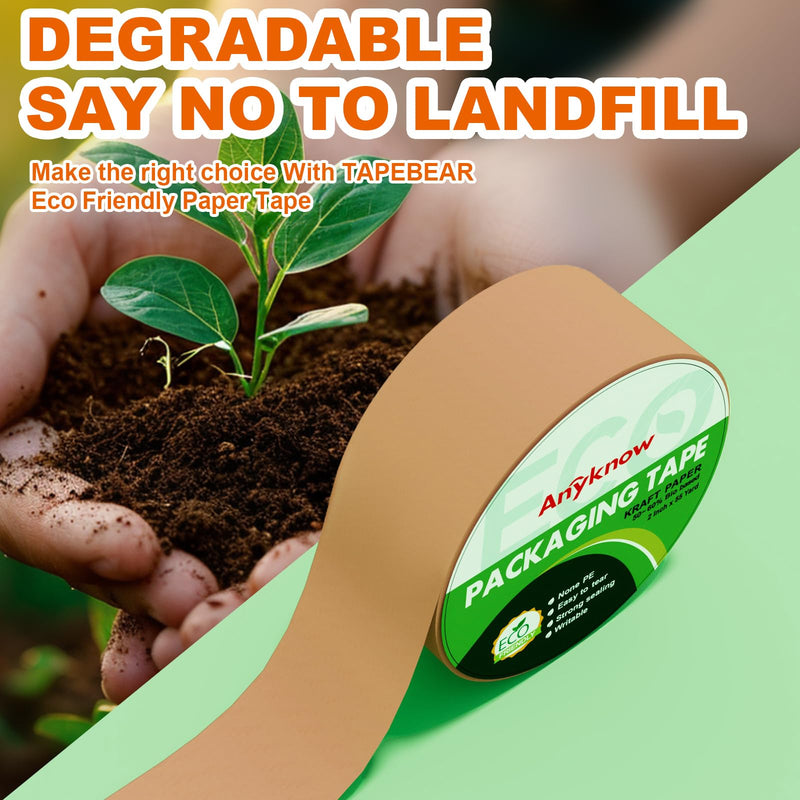 Eco Friendly Moving Tape (3 Pack), 2 Inch x 55 Yards, Strong Self-Adhesive Kraft Paper Tape for Boxes, Writable & Hand Tearable, Natural Rubber Brown Shipping Tape, Plastic-Free 3