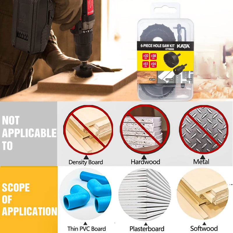 [Australia - AusPower] - KATA 6PCS Hole Saw Kit 1-1/4" to 2-1/8"(32-54mm) Hole Saw Set in Case with Mandrels and Hex Key for Soft Wood, PVC Board, Plywood 6PC 