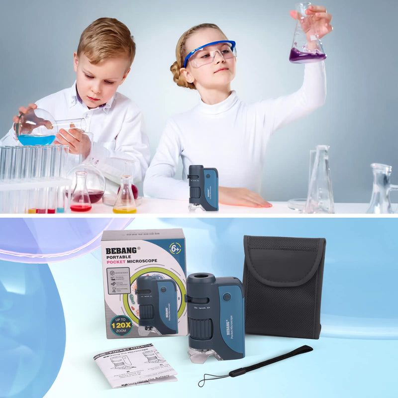 [Australia - AusPower] - Pocket Microscope, 60x-120x Handheld Mini Microscope Kids with LED Lights, 5 Slides Specimens, BEBANG Portable Microscope for Kids Student Adults Microbiological Observation Lab Study, Educational Kit Blue-120X 