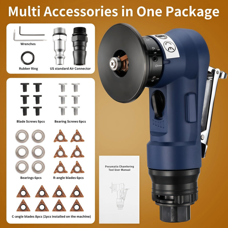 Pneumatic Chamfering Tool, 30000 RPM Air Chamfer Tool with 6 Bearings & Complete Screw Kit for Deburring & Beveling, Includes 8 C & 6 R Blades, 45°, 1/4" Air Inlet for Metal, Wood, PVC, Acrylic Blue