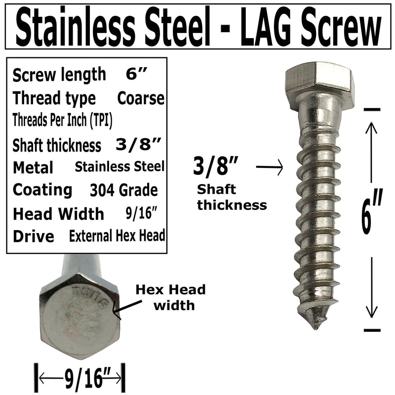 [Australia - AusPower] - 3/8" X 6" - 304 Grade Stainless Steel lag screws, Hex head fasteners, stainless steel screw. Use as Construction, wood, metal, lag screw or mounting screws fasteners lag bolts. Heavy duty screws. (10) 10 