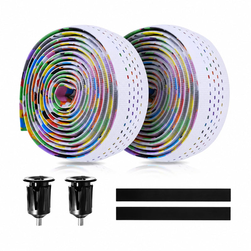 Road Bike Handlebar Tape, Silicone Surface Non-Slip Bicycle Bar Tape, Shock Absorbing Drop Bar Wrap, White Confetti Stitch Pattern, 2 Rolls White Rainbow Set of 2