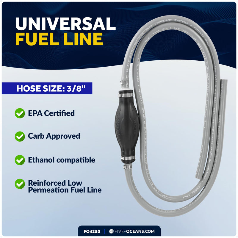 Five Oceans Marine Fuel Line Assembly with Primer Bulb, 3/8-Inch x 6 foot, Universal Outboard Boat Fuel Hose, EPA/CARB Approved, Ethanol-Compatible, Leakproof - FO4280 Universal 3/8" Hose (no engine fitting)