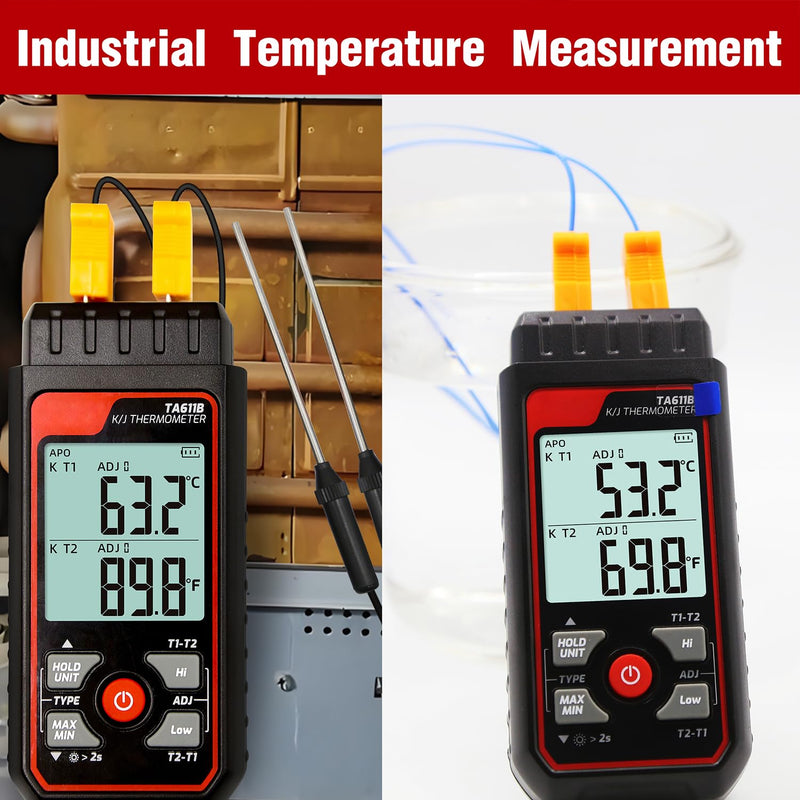 [Australia - AusPower] - Thermocouple Thermometer Digital K/J Type Temperature Thermometer w/ 4 K-Type Thermocouples, Dual-Channel HVAC Temperature Meter -328~2501℉ Measuring Range with Backlit LCD, Alarm & ADJ Compensation 