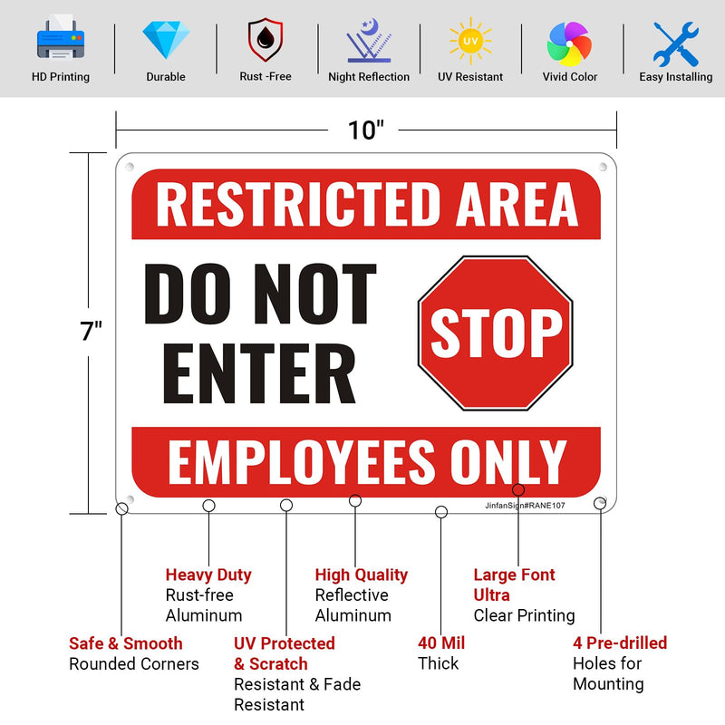 (4 Pack) Restricted Area Sign, Do Not Enter Employees Only Sign, 10"x7" Restricted Area Employees Only Signs, Rust Free Reflective Aluminum, Weather Resistant, UV Protected, Easy to Install