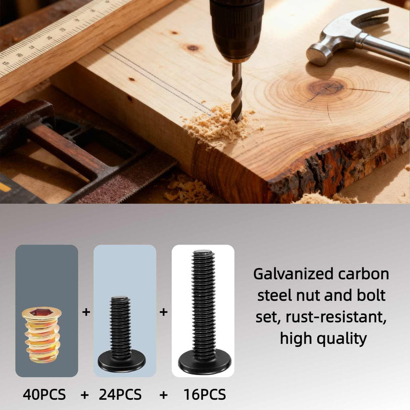 [Australia - AusPower] - 40PCS 1/4"-20x15mm Threaded Inserts for Wood +16PCS 1/4-20 x 1-1/4" Bolt +26PCS 1/4-20 x 3/4" Bolt,Furniture Screw,Hex Socket Drive Nut Threaded Wood Inserts with 9mm Drill bit & hex Wrench 