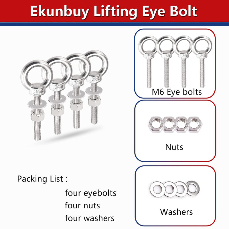 [Australia - AusPower] - Lifting Shoulder Eye Bolts, Ekunbuy Screw Bolt 304 Stainless Steel Heavy Duty Lifting Ring Threaded Eyebolts with Washers and Nuts for Indoor Outdoor 1/4"-26 x 2.66" 4 