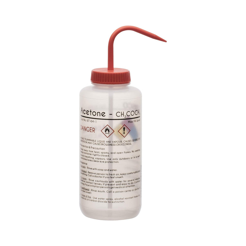 EISCO - Acetone Wash Bottle, 500mL, Low Density Polyethylene, Self-Venting, Color-Coded Chemical & Safety Label, Wide Mouth, Leak-Proof Cap with Nozzle, Laboratory Dispensing Bottle, Red Cap 1