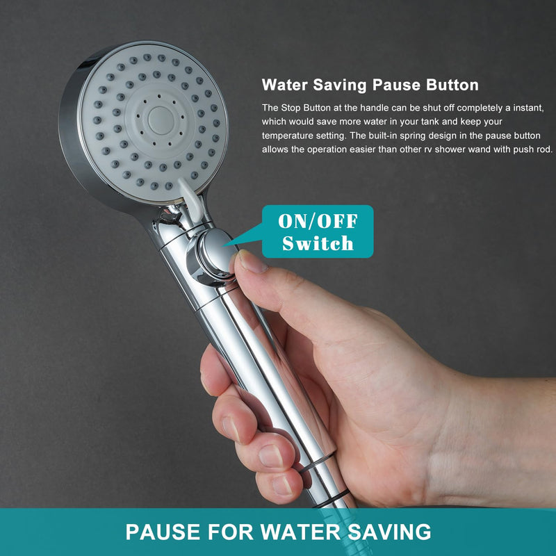 GwernKB RV Shower Head with Hose,5-mode High Pressure Shower Head with On Off Switch Water Saving for Camper, No Drilling Wall Mount Handheld Shower Holder and Adhesive Hose Guide Ring (Silver) Silver