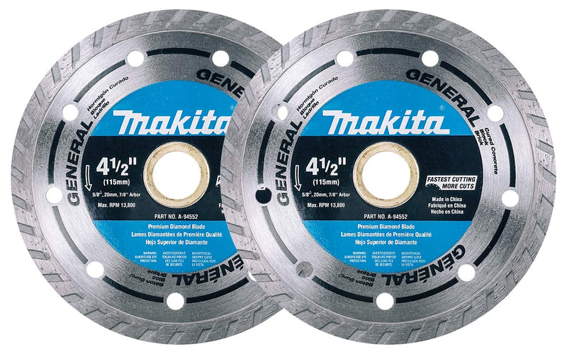 Makita 2 Pack - 4.5” Turbo Diamond Blades For Grinders & Circular Saws - Ultra-Fast Cutting For Concrete, Masonry & Brick - 5/8”, 20mm & 7/8” Arbors