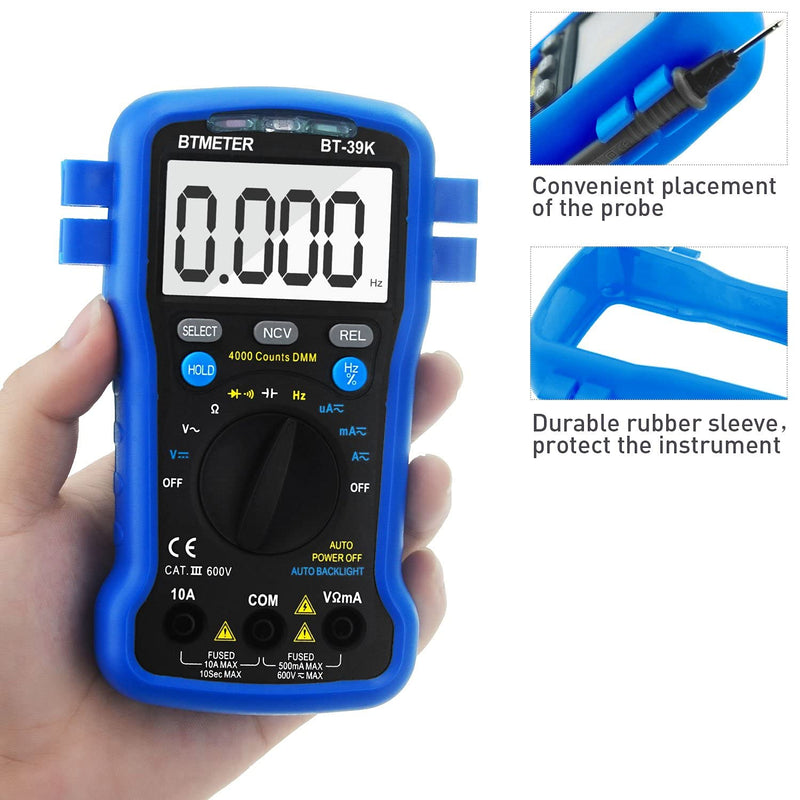 [Australia - AusPower] - BTMETER BT-39K Multimeter with Case, 4000 Count Volt Ohm Amp Meter Autoranging DMM for AC/DC Current, Voltage, Resistance Frequency Tester, with NCV, Audible Continuity, Diode, Auto Backlight Meter BT-39K w/o Temperature Test (Blue) 