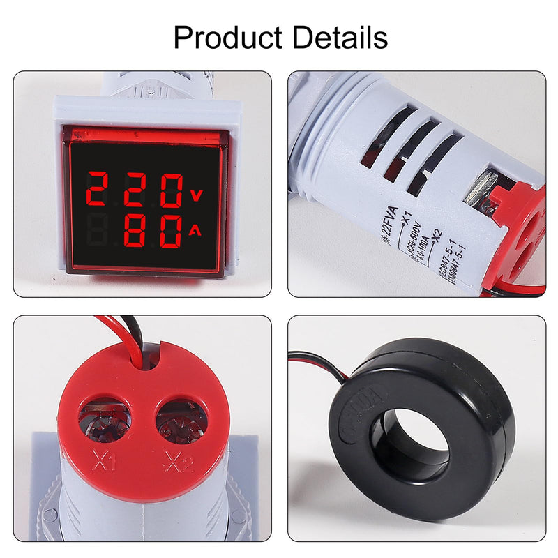 [Australia - AusPower] - 2pcs LED Display Voltmeter Ammeter,22mm Square Dual Display Digital Voltage Gauge Current Tester AC 0-100A 60-500V Meter Indicator(Red) 