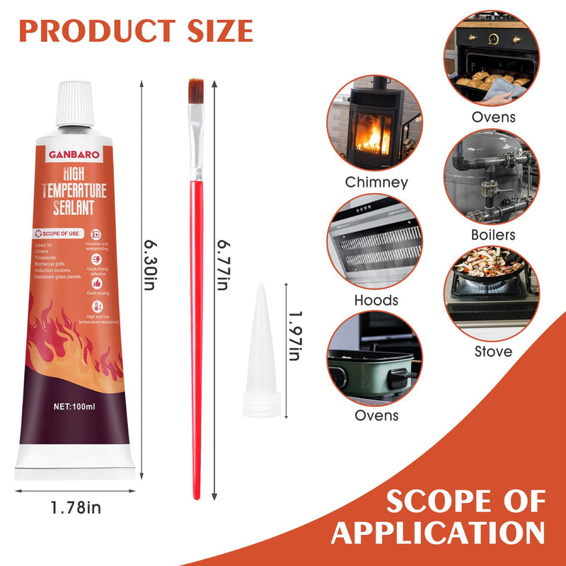[Australia - AusPower] - Ganbaro® 482°F High Temp Silicone Sealant, High Temperature Adhesive, Heat Resistant Glue with Brush Fast Drying Waterproof Adhesive for Oven, Grill, Microwave 100 ml (Black) 