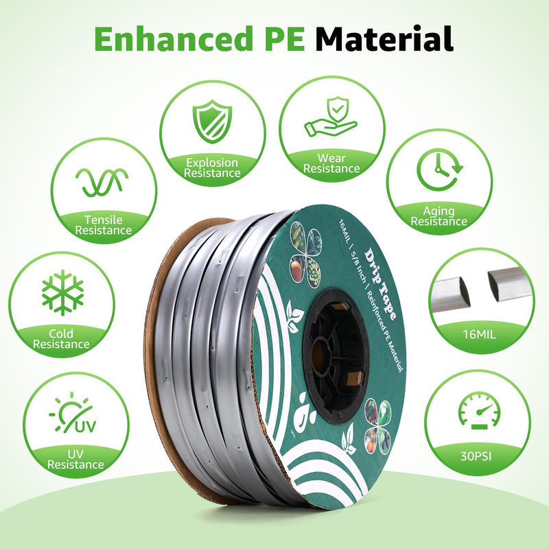 500FT 5/8" Drip Tape Irrigation, 16 Mil Heavy Duty with 6" Emitter Spacing, Silver Reflective Drip Tape Resistant to Pecking & Biting, Heat-Safe for Seedlings, Ideal for Garden Farm Greenhouse Patio 500FT 16MIL