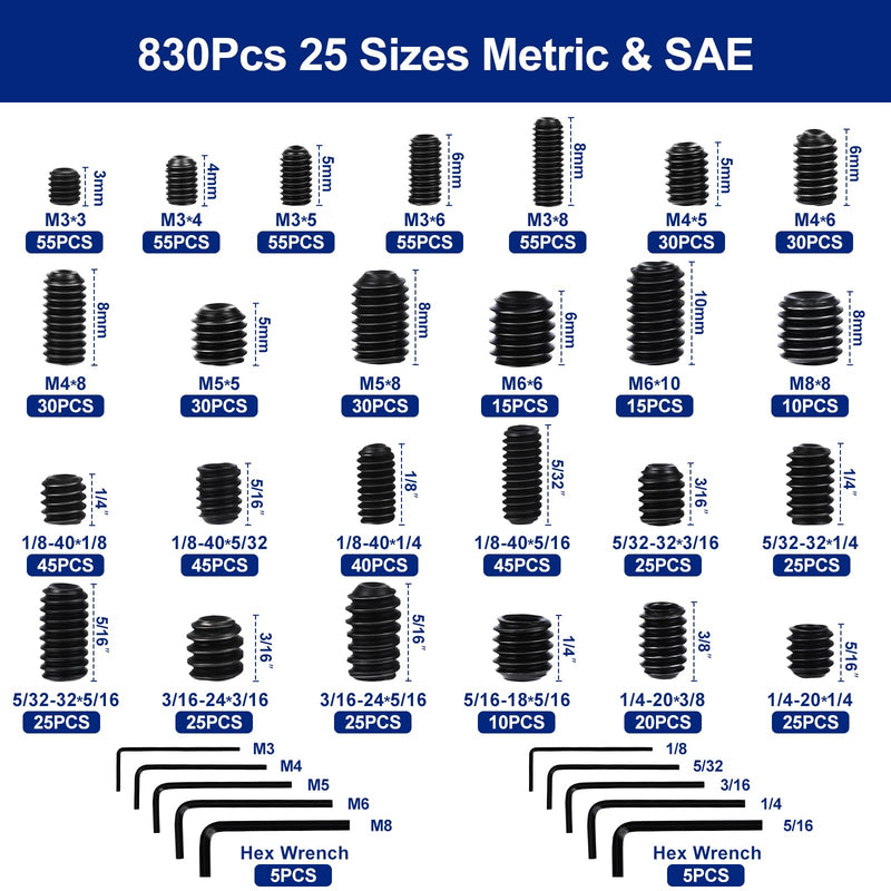 [Australia - AusPower] - 830Pcs 25 Sizes Metric + SAE Set Screw Assortment Kit, Internal Hex Drive Cup-Point Allen Screws Set 12.9 Class Alloy Steel Grub Screw (M3-M8, 1/8"-40 to 5/16"-18) 