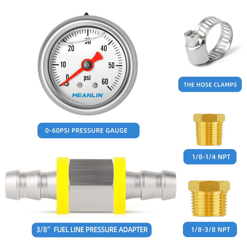 [Australia - AusPower] - MEANLIN MEASURE 0-60Psi Stainless Steel Glycerin Filled Fuel Pressure Gauge 1/8" NPT 1.5" FACE DIAL, with 3/8" Fuel Line Pressure Adapter Liquid Filled Pressure Gauge (9Pieces Kit, Back Mount) 0-60Psi/9 Pieces Kit 