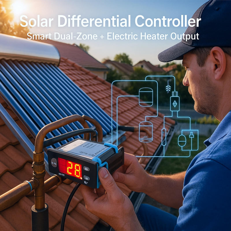 [Australia - AusPower] - Solar Water Temperature Controller, AC 5A Digital Temperature Controller Thermostat with Sensor Sensor & 76 mm Digital Display for Electric Heating Support 