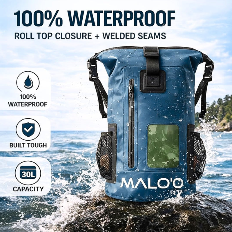 Malo’o 30L Waterproof Dry Bag Backpack – Roll Top Heavy Duty 500D PVC Dry Pack with Padded Straps, IPX6 Waterproof, Keeps Gear Dry for Kayaking, Fishing, Beach, Camping & Travel Dark Blue 30l Dry Backpack
