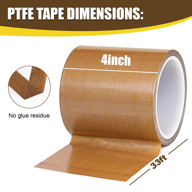 Teflone Glass Cloth Tape (4 inch x 33 Feet x 0.18mm), High Temperature PTFE Heat Resistant Adhesive Tape Non-Stick Surface for Vacuum Sealer Machine, Heat Press, Packaging, Electrical Use 4inx33ft