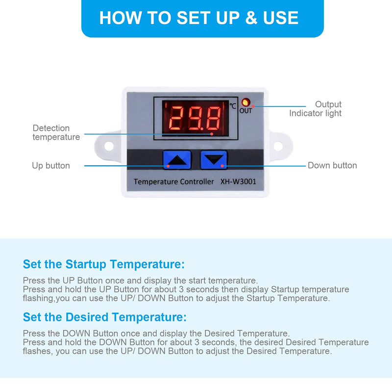 RUIZHI XH-W3001 Digital LCD Display Temperature Controller, DC 24V/240W Thermostat Switch with Waterproof Probe Microcomputer Thermostat