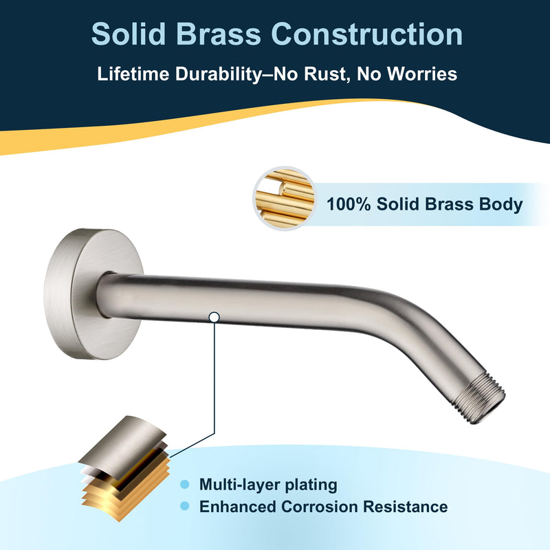 BRIGHT SHOWERS Shower Arm with Flange 10 Inches Solid Brass Shower Head Extension Arm, Wall Mounted Shower Pipe Arm for Rainfall Shower Head and Handheld Showerhead, Brushed Nickel Basic 10 Inch