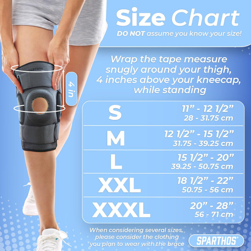 [Australia - AusPower] - Sparthos Hinged Knee Brace - Relieves ACL, MCL, Meniscus Tear, Arthritis, Tendon Pain - Open Patella Design with Dual Metal Side Stabilizers - Support for Running, For Men and Women (Large) Gray/Black Large 