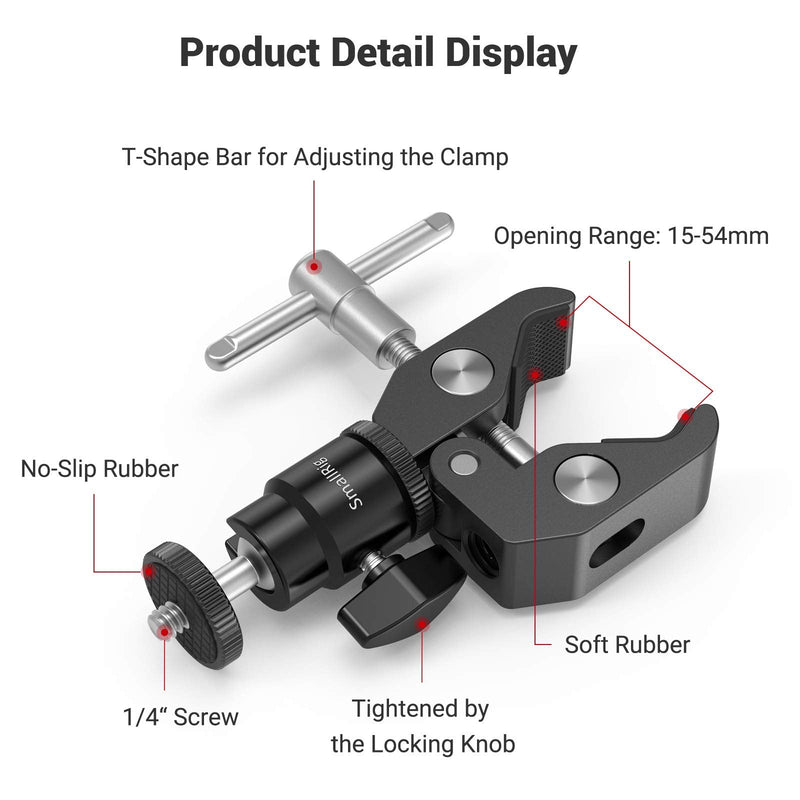 [Australia - AusPower] - SmallRig Super Clamp Mount with Mini Ball Head Mount, Hot Shoe Adapter with 1/4 Screw for LCD Field Monitor, LED Lights, Flash, Microphone, for Gopro, for DJI Action 2, for Insta360-1124 