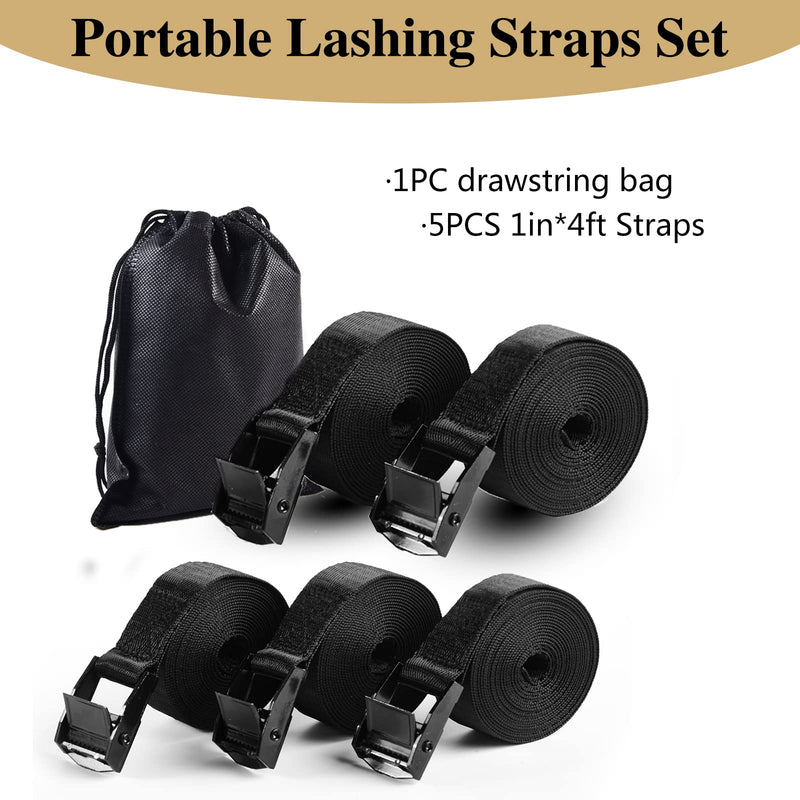 [Australia - AusPower] - 5Pack Cam Buckle Tie Down Straps, 1" x 4 ft Heavy Duty Lashing Secure Strap Adjustable Black Pull Cinch Strap for Kayak, Cargo, Luggage, Bicycles,Truck, Car Roof Rack, Moving 1"*4ft 