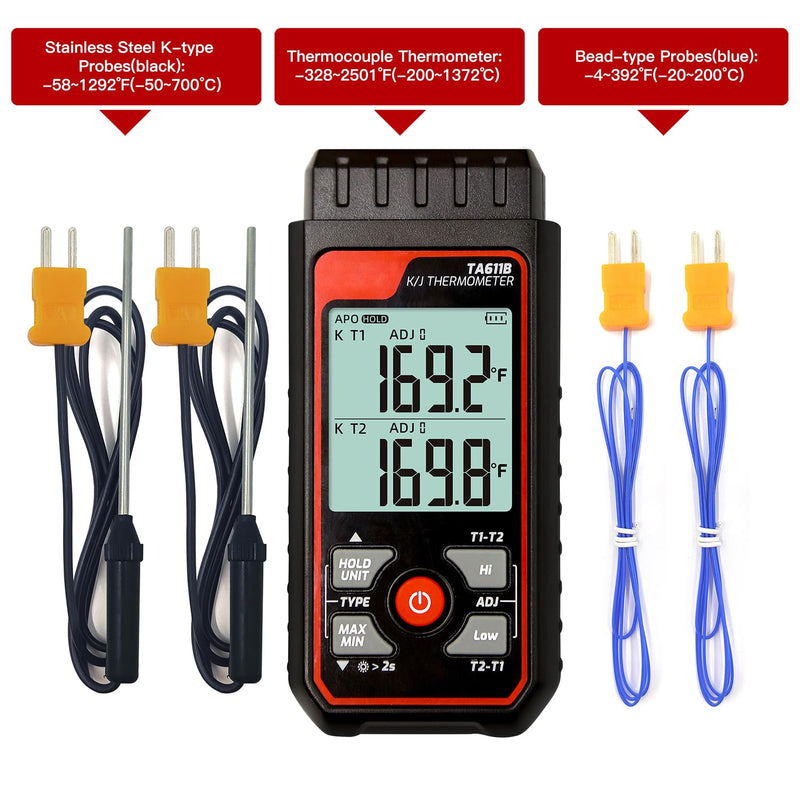 [Australia - AusPower] - Thermocouple Thermometer Digital K/J Type Temperature Thermometer w/ 4 K-Type Thermocouples, Dual-Channel HVAC Temperature Meter -328~2501℉ Measuring Range with Backlit LCD, Alarm & ADJ Compensation 