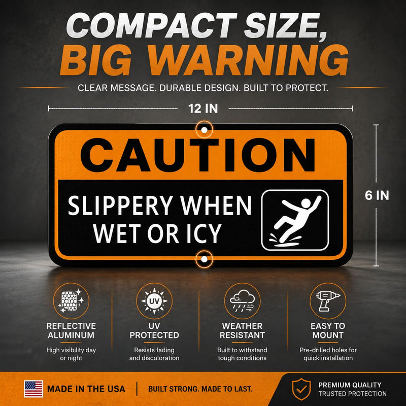2 Pack Caution Slippery When Wet or Icy Sign, 12 x 6 Inch Reflective Aluminum Safety Warning Sign, UV Protected, Weather Resistant, Easy to Mount