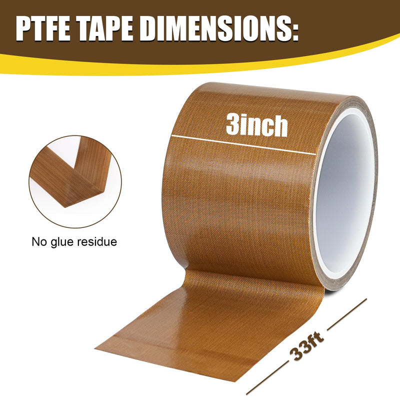 Teflone Glass Cloth Tape (3 inch x 33 Feet x 0.18mm), High Temperature PTFE Heat Resistant Adhesive Tape Non-Stick Surface for Vacuum Sealer Machine, Heat Press, Packaging, Electrical Use 3inx33ft