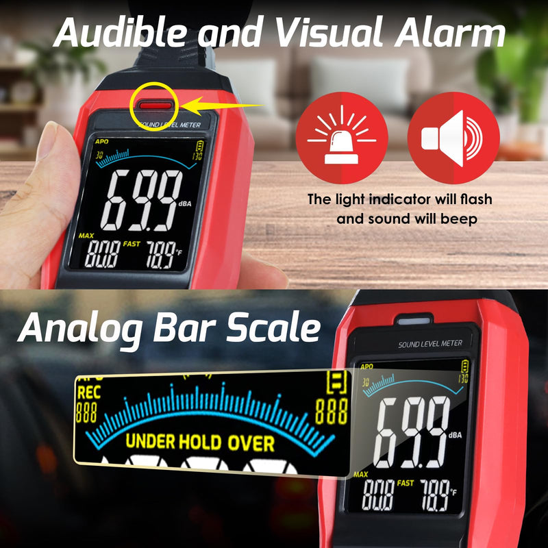 [Australia - AusPower] - Sound Level Meter Data Logger Decibel Meter with Record Function, Portable Noise Meter 30~130dB Sound Meter A/C/Z Weighting Noise Testing with Audible Visual&Alarm, Temperatue, Analog Bar Indicator 