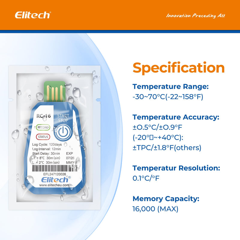 Elitech RC-16 Disposable USB Temperature Logger 120 Days Continuous Recording for Food, Medication & Vaccine Cold Chains, Alarm Function, IP67 Water Protection, Adjustable Parameters 1