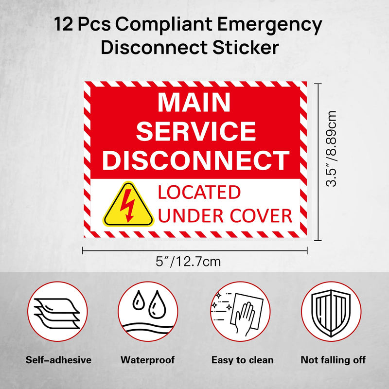 12 Pack Main Service Disconnect Labels Sign, Emergency Service Disconnect Sticker Decals for Electrical Panel, Indoor and Outdoor(5"x3.5")