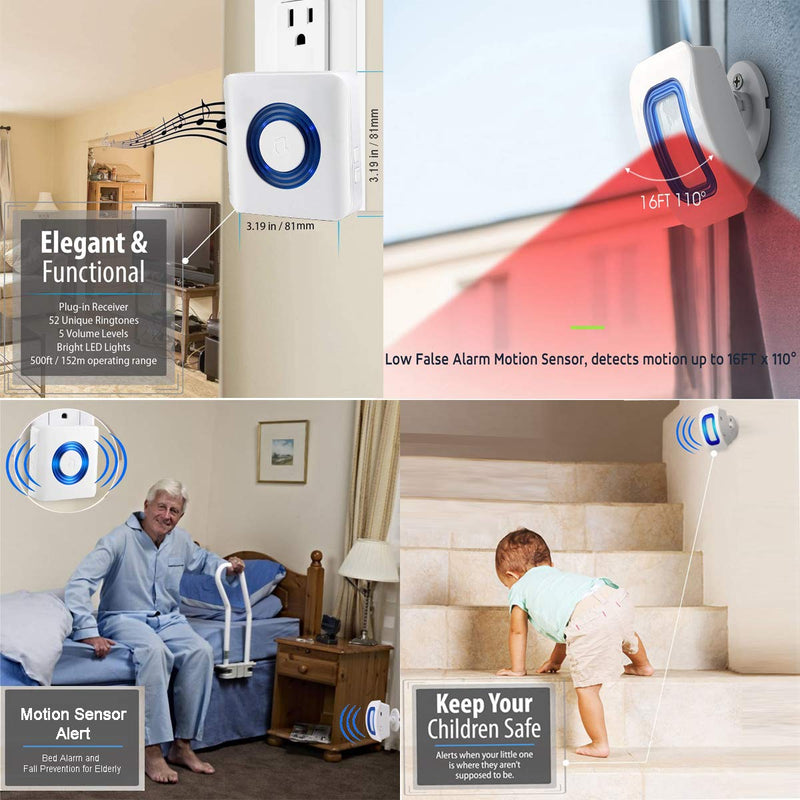 Wireless Motion Sensor Detect Alert, Home Security Driveway Alarm, Motion Detector Store Door Entry Chime Doorbell, Caregiver Pager for Elderly/Kids (1 Motion Sensor 2 Receiver) 1 Motion Sensor 2 Receiver