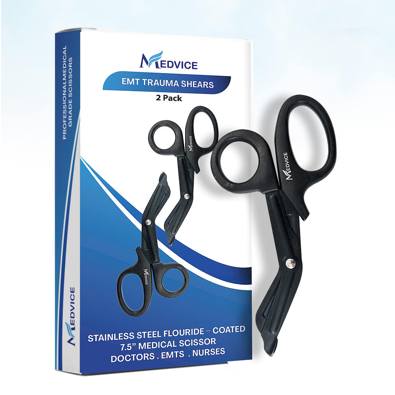 [Australia - AusPower] - MEDVICE 2 Pack Medical Scissors, EMT and Trauma Shears - 7.5 inch, Blunt Tip, Fluoride Coated, Non-Stick Blades, Autoclavable to 290 F/143 C, Rust Free (Black) Black 2-pack 