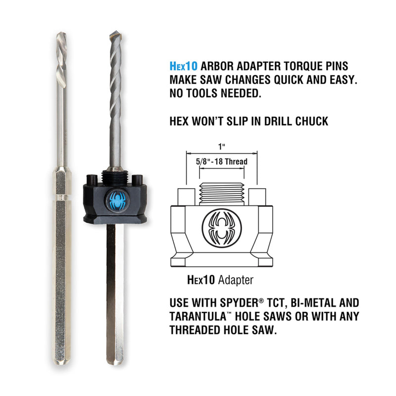 Spyder Hex8 3/8-inch HSS Quick Change Hole Saw Arbor Pilot Bit for Wood and Metal, Compatible with Rapid Core Eject, 10-Pack 3/8-inch - 10-Pack
