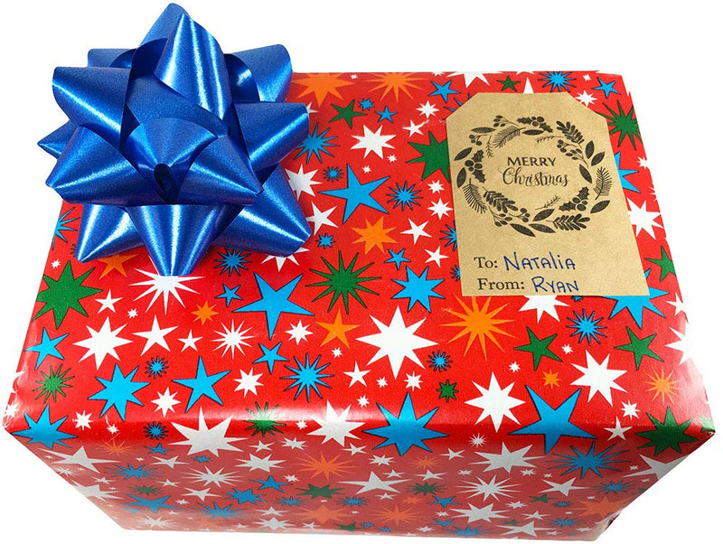 Season’s Greetings Gift Tags – 2 x 3 Inch Natural Kraft Holiday Stickers – 100 Adhesive Labels with 4 Festive Designs – Eco-Friendly and Made in USA