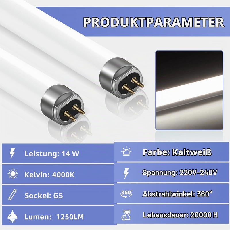 Pack of 2 14W Fluorescent Tube Size 563mm T5 Cool White 4000K 1250LM G5 Base Low Energy Saving Emergency Light Suitable for Kitchen, Cabinet, Garage, Bathroom Cold White